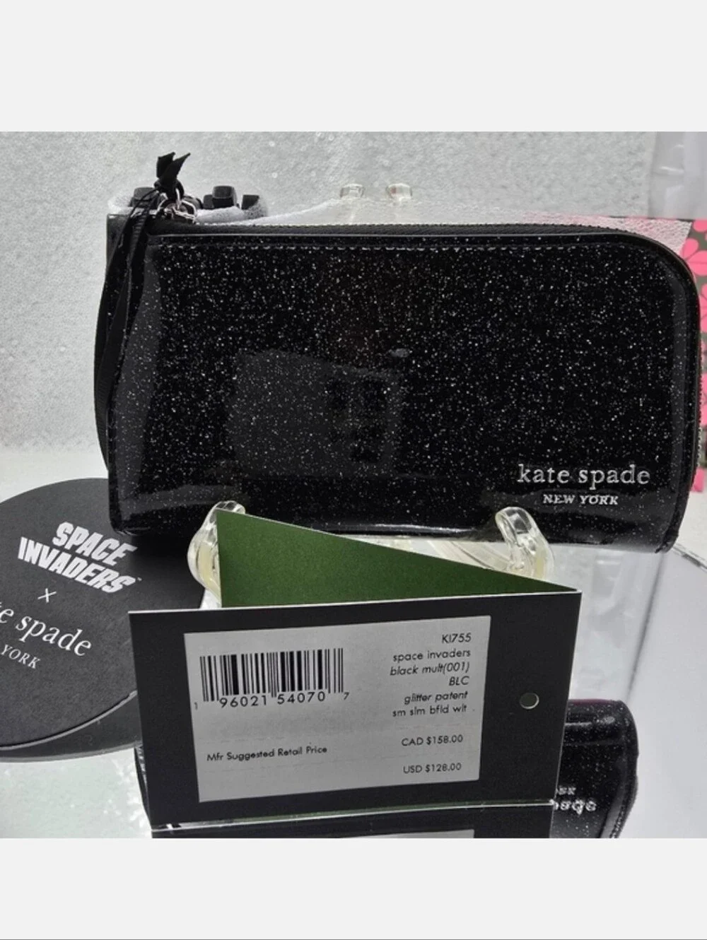 Space Invaders Kate Spade New York Glitter Black Patent Leather Sm Bifold Wallet